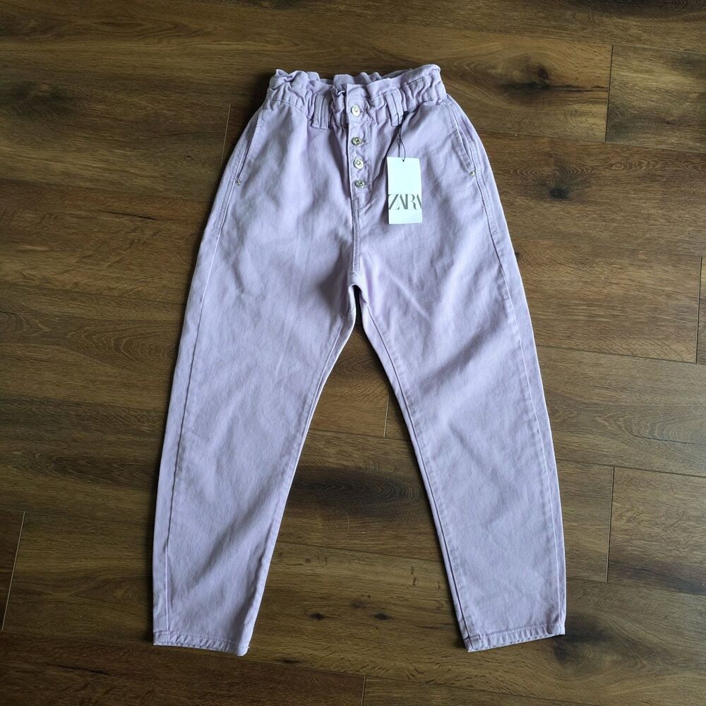 ZARA Jeans Sz 2 Paperbag High Waist Baggy Carrot Leg Cotton Lavender Stretch